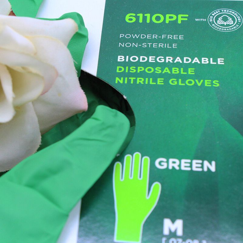 guanti monouso microgoffrati sulle dita in eco nitrile verde, senza polvere